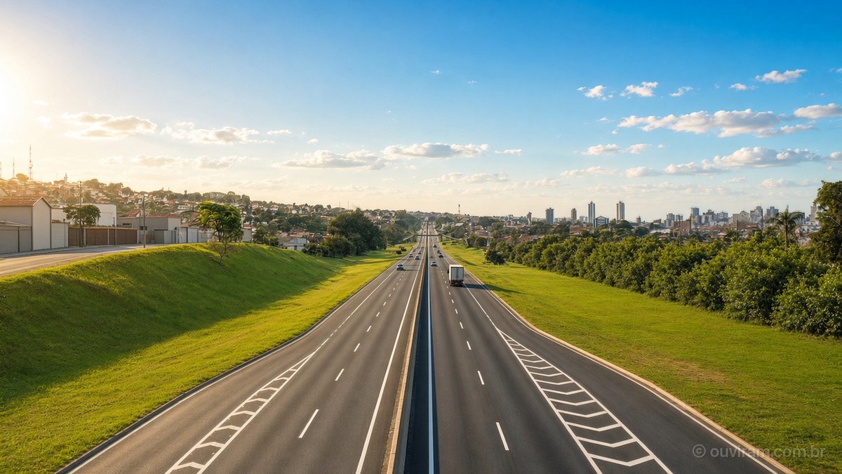 Rodovia duplicada vista do alto entre taludes gramados, com poucos carros e um caminhão sob céu azul e cidade ao fundo