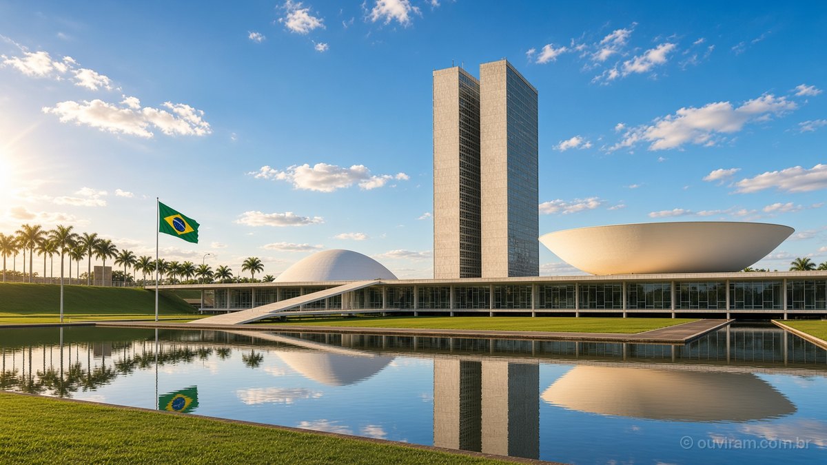 Torres e cúpulas do Congresso Nacional refletidas no espelho d’água sob céu azul, em Brasília
